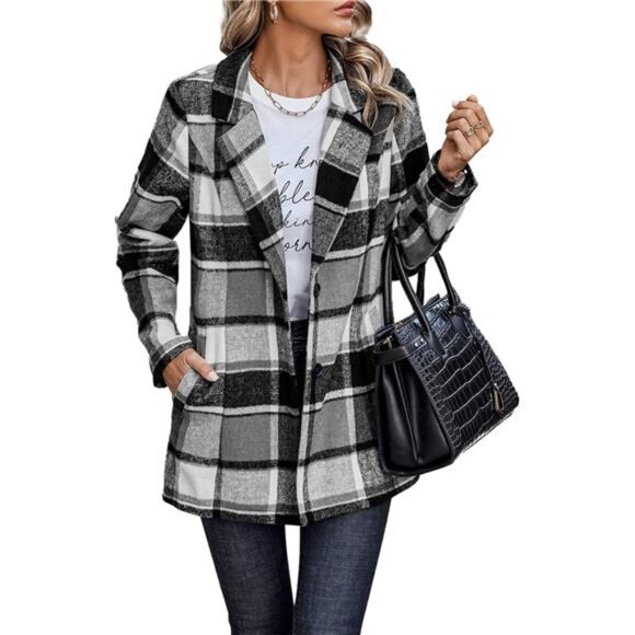 2024 Plaid Shacket Jacket Casual Button Wool Blend Winter Tartan Trench Coat